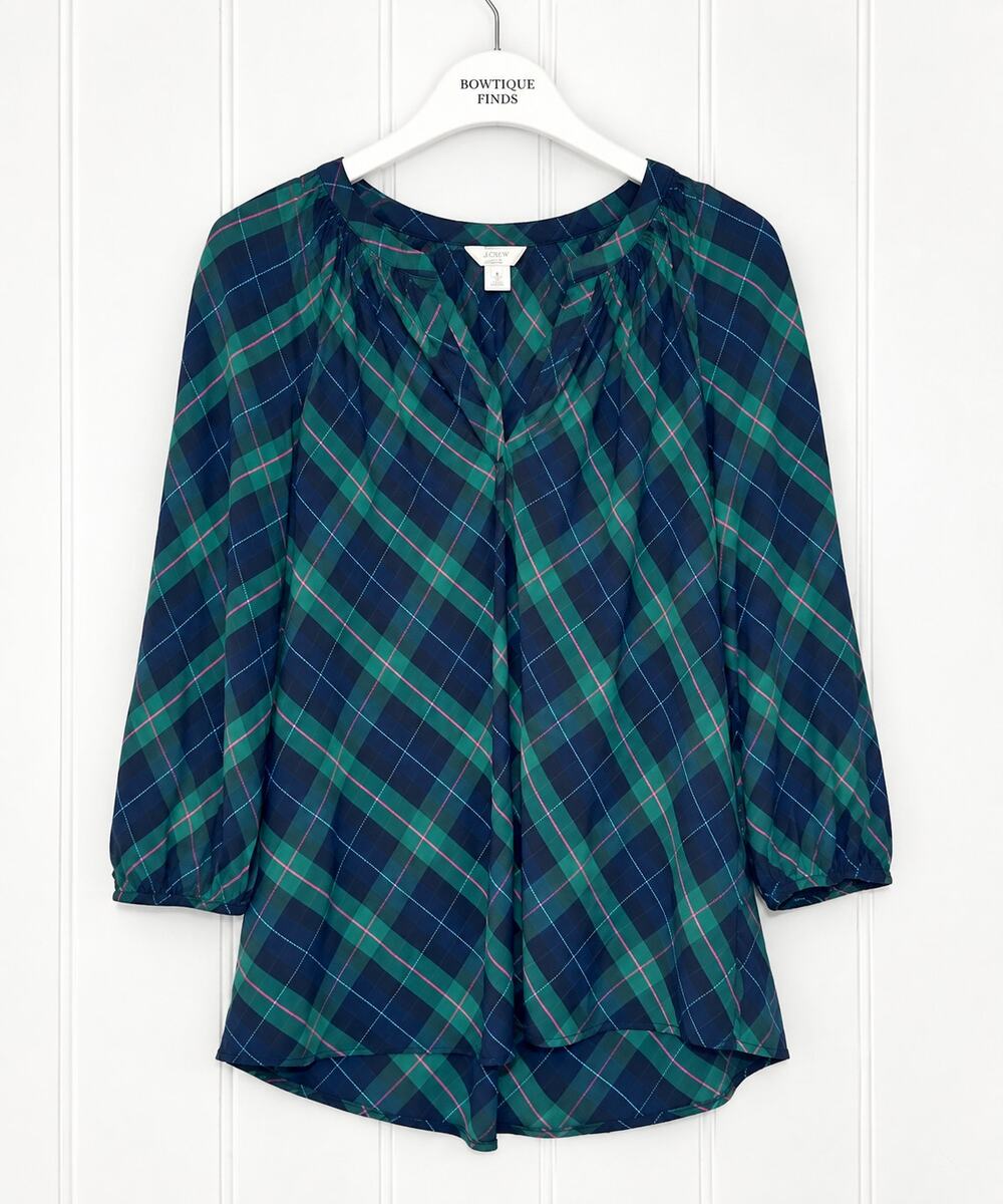 Crown & Ivy Plaid Peasant Blouse Medium Navy Green Pink 3/4 Sleeve Rayon